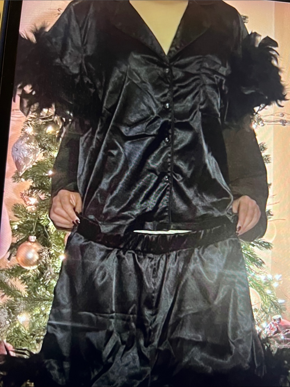Black Satin Button-Up Top with Feather Trim - Picture 2 of 7